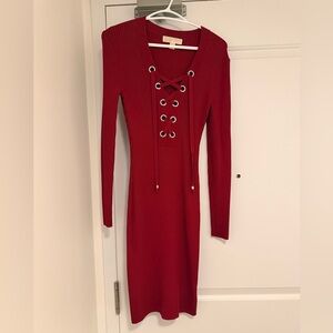 Michael Kors Red Lace-Up Long Sleeve Dress
